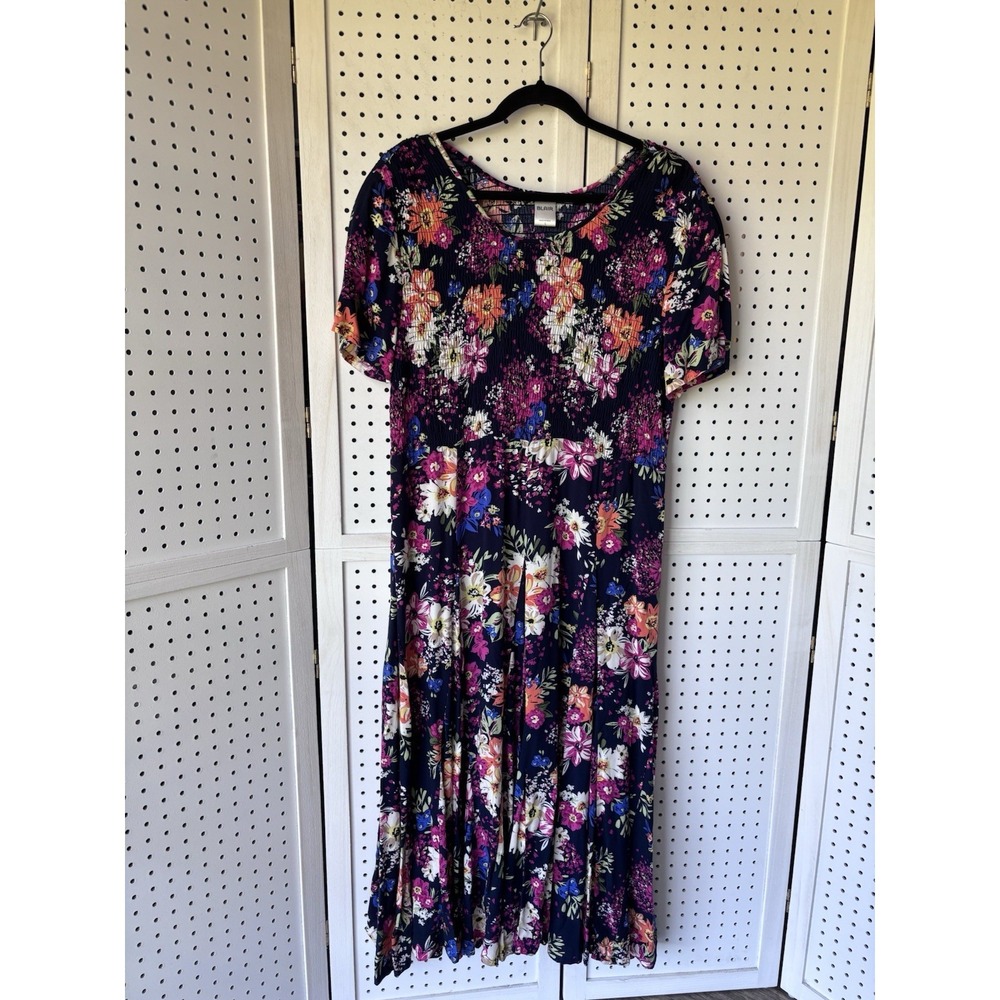 BLAIR Women's Lg Floral Smocked Short‎ SLV Midi Dress Navy Multi Color
